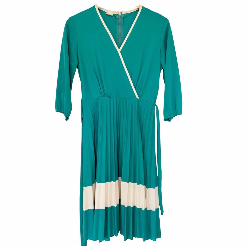 Vintage 70s 80s Teal White Accordian Pleated Dress Sz S